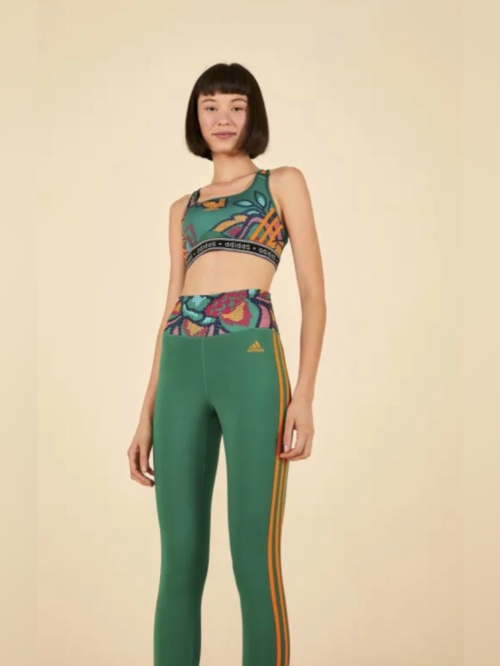 Adidas Farm Rio Green Leggings with Orange Side Stripes Small